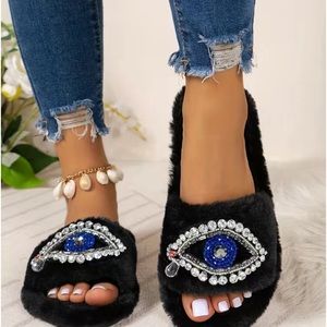 Evil Eye slides shoes slippers black boho fur 🧿 36-37 6.5/7/7.5 holiday winter